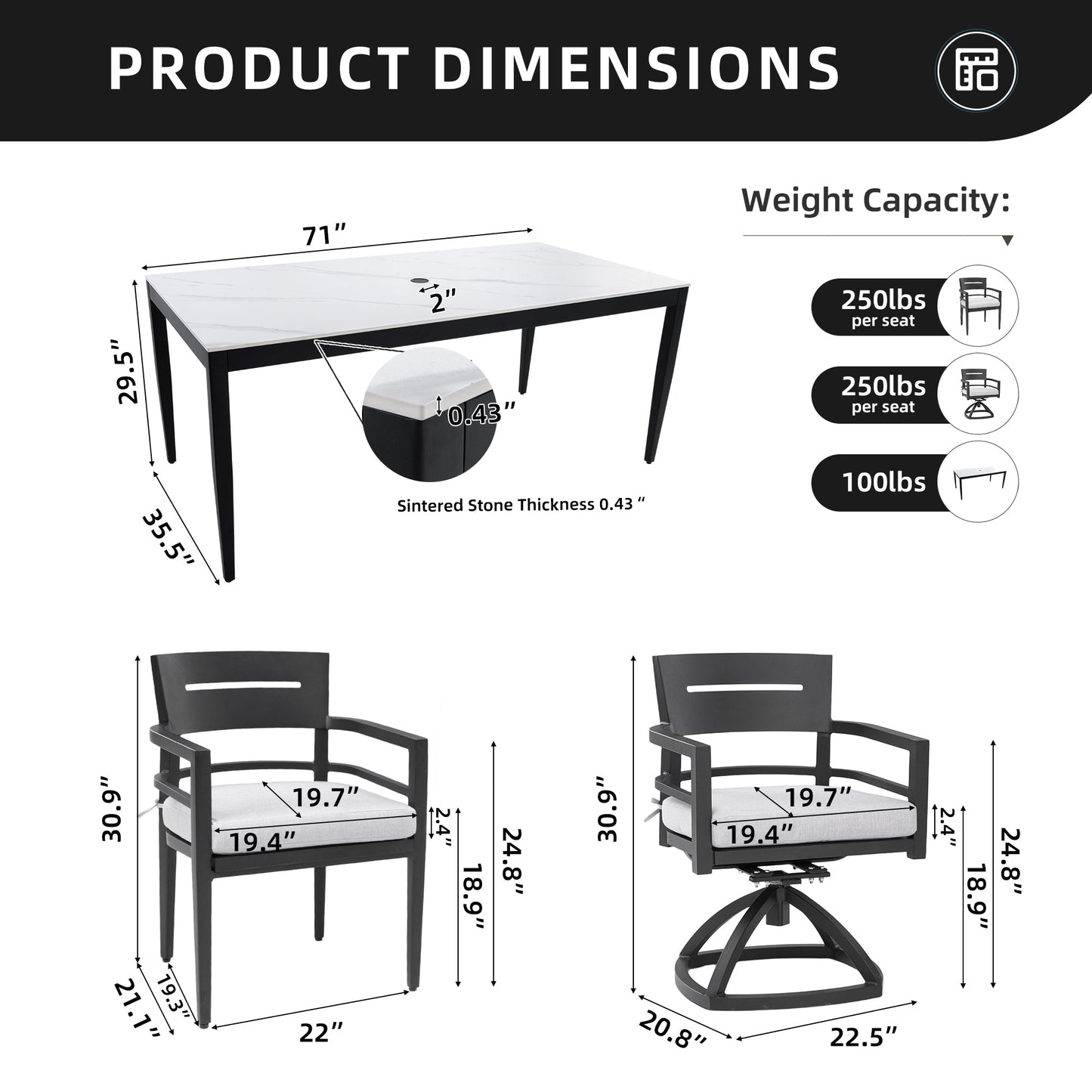 Modern 7PC Aluminum Outdoor Dining Set with sintered stone top and gray chairs HouseOfZazla on Tampa Home & Garden Store