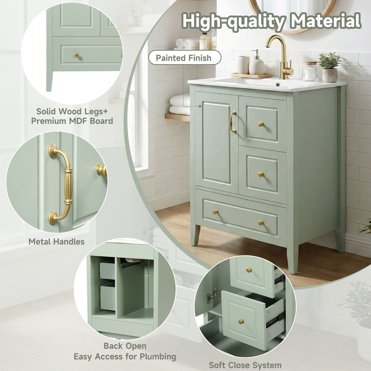 Retro bathroom vanity with ceramic sink in sage green, brass handles, soft-closing drawers on Tampa Home & Garden Store
