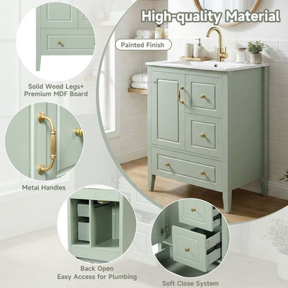 Retro bathroom vanity with ceramic sink in sage green, brass handles, soft-closing drawers on Tampa Home & Garden Store