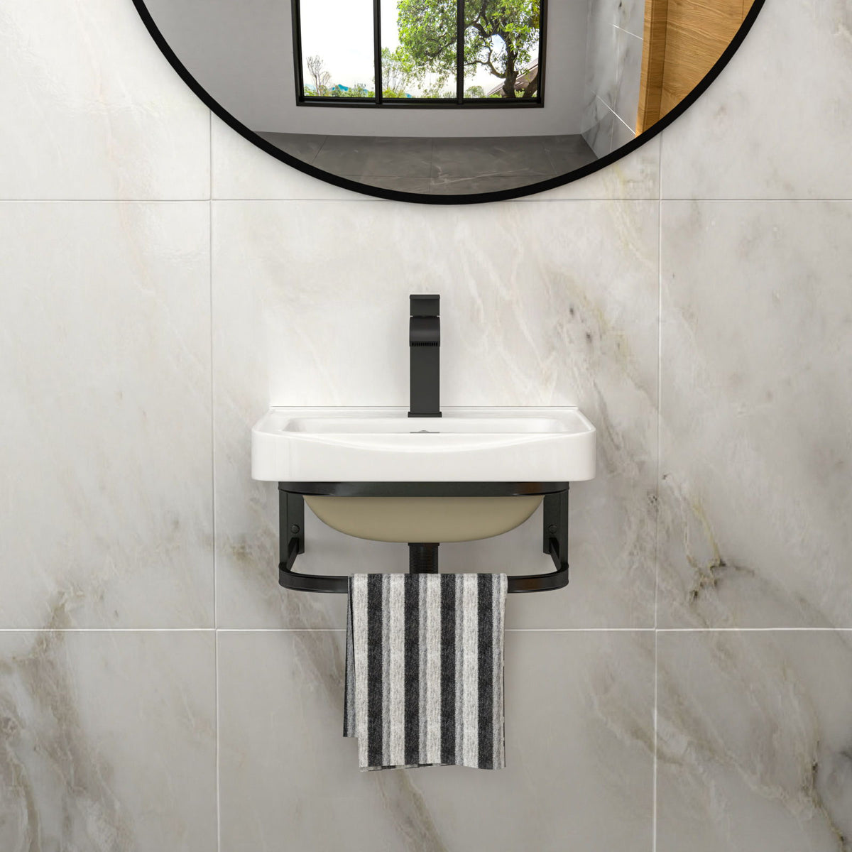 Wall mounted bathroom sink with towel bar, white basin and black faucet on tiled wall on Tampa Home & Garden Store