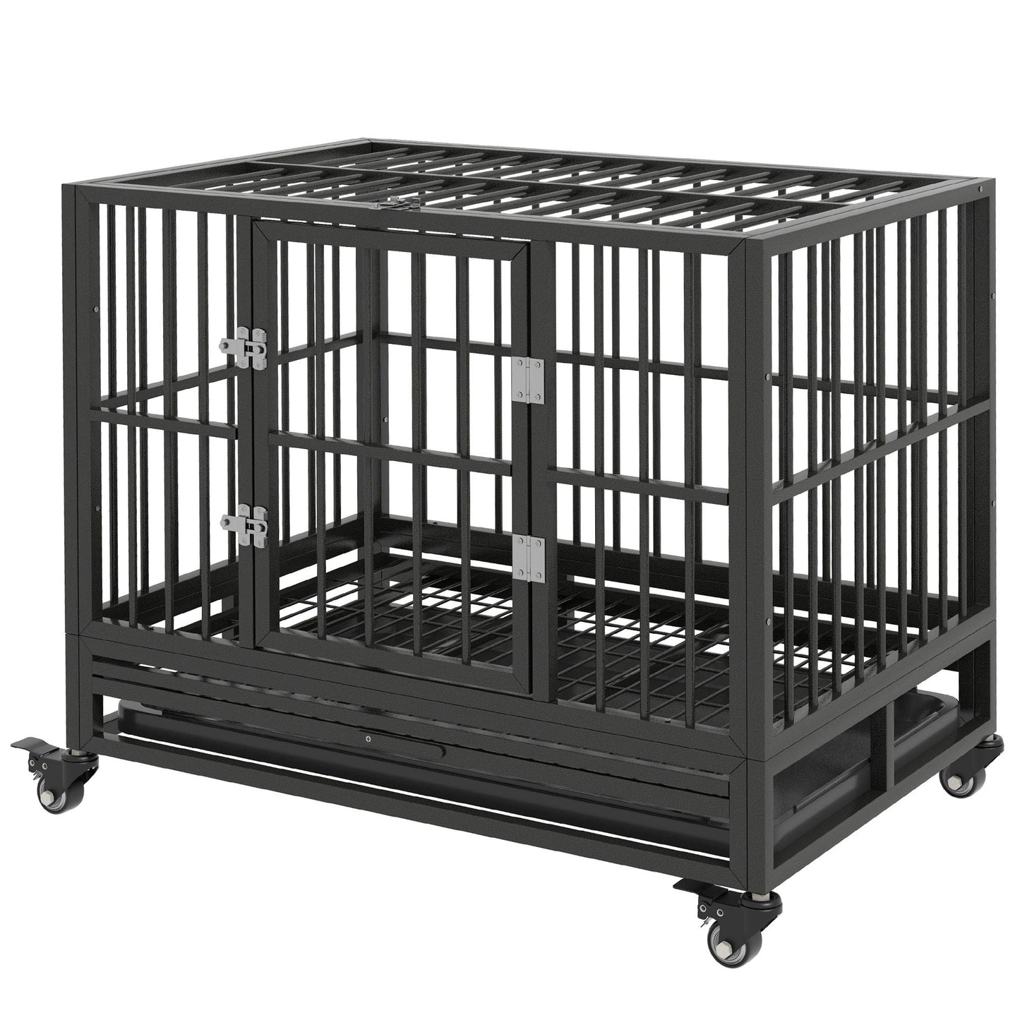 Pawhut 36in heavy-duty gray metal dog crate with lockable wheels and double doors on Tampa Home & Garden Store