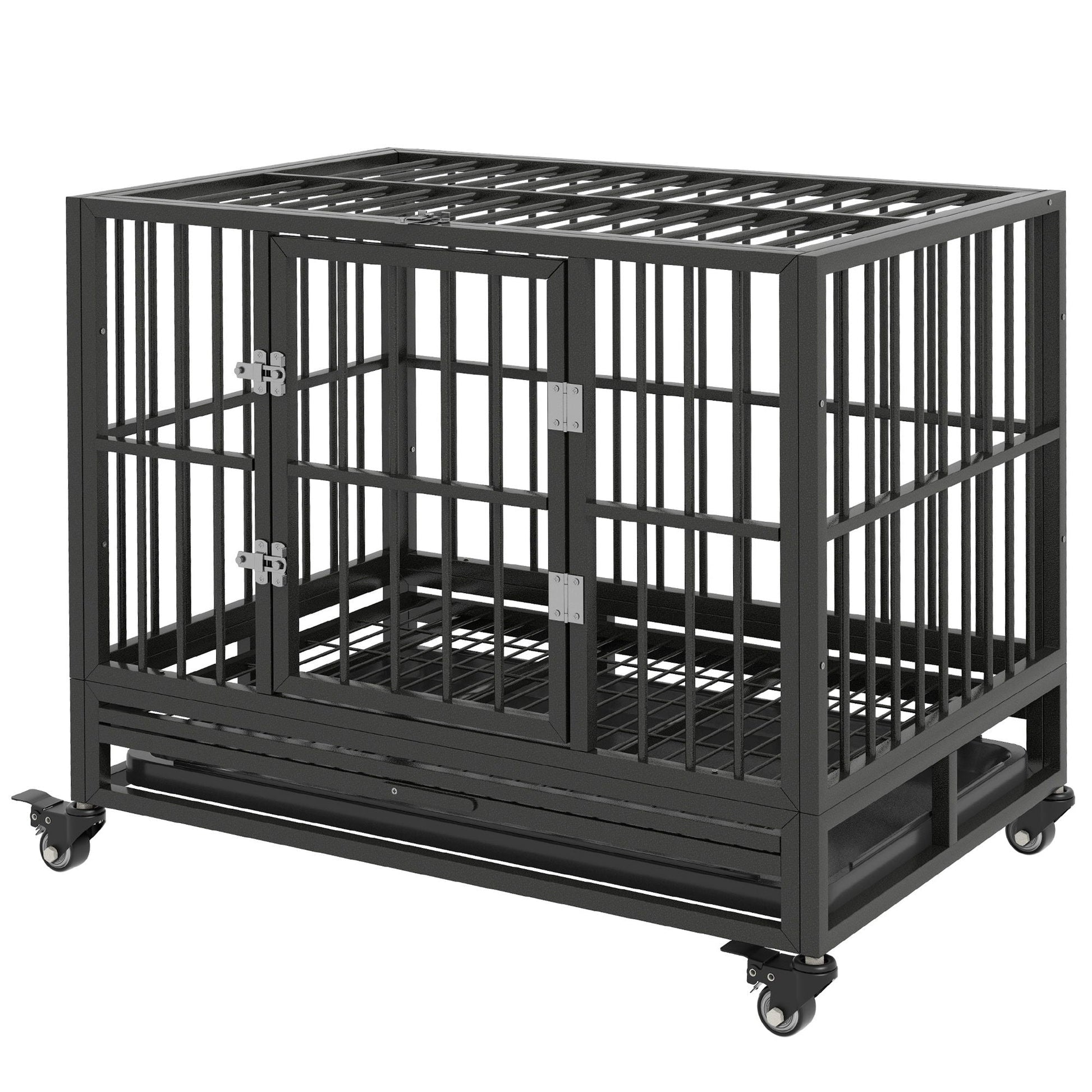 Pawhut 36in heavy-duty gray metal dog crate with lockable wheels and double doors on Tampa Home & Garden Store