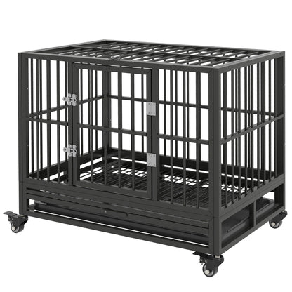 Pawhut 36in heavy-duty gray metal dog crate with lockable wheels and double doors on Tampa Home & Garden Store