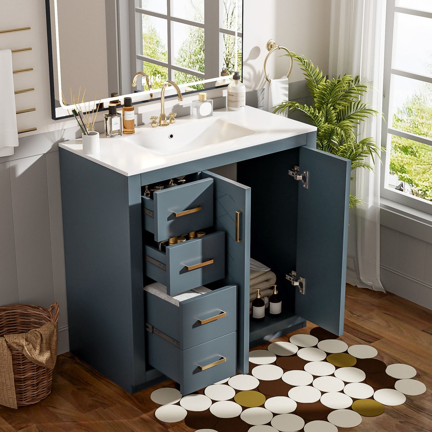 Blue-gray bathroom vanity with sink, 3 drawers and soft-close doors by HouseOfZazla on Tampa Home & Garden Store