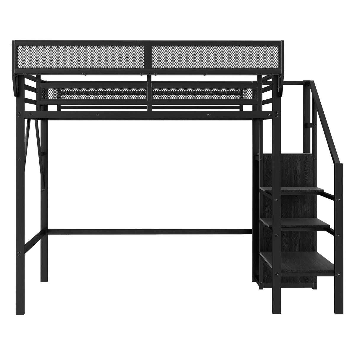 Twin Size Loft Bed with Stairs, black metal frame with storage shelves HouseOfZazla on Tampa Home & Garden Store