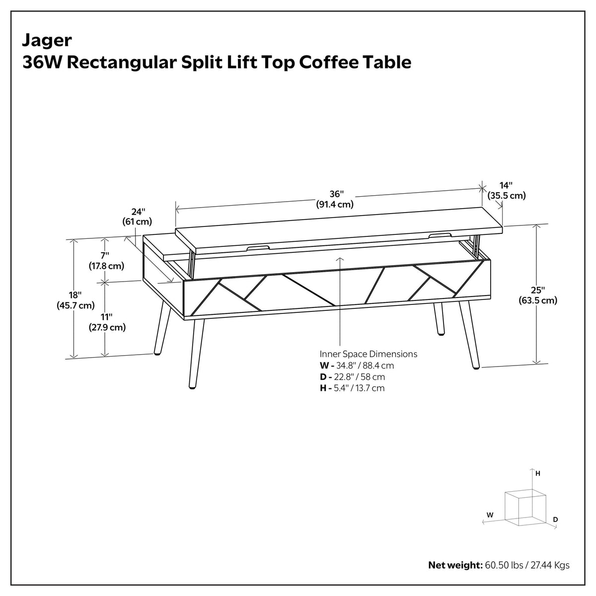Jager 36W lift-top coffee table with storage by HouseOfZazla; dimensions on Tampa Home & Garden Store