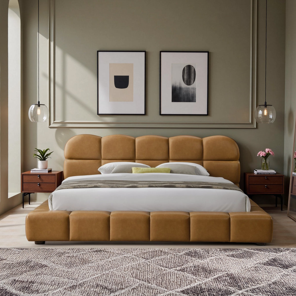 Roswell Luxurious King Size Platform Bed tan leather bed frame with upholstered headboard on Tampa Home & Garden Store
