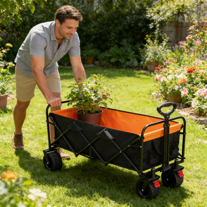Large capacity folding wagon cart with extender in black and orange carrying potted plants on Tampa Home & Garden Store