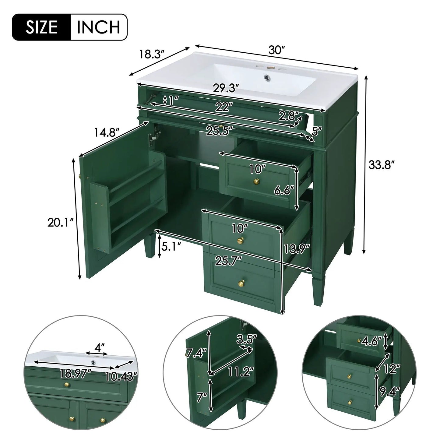 Bathroom vanity in green finish with white top sink, 2 drawers and tip-out drawer on Tampa Home & Garden Store