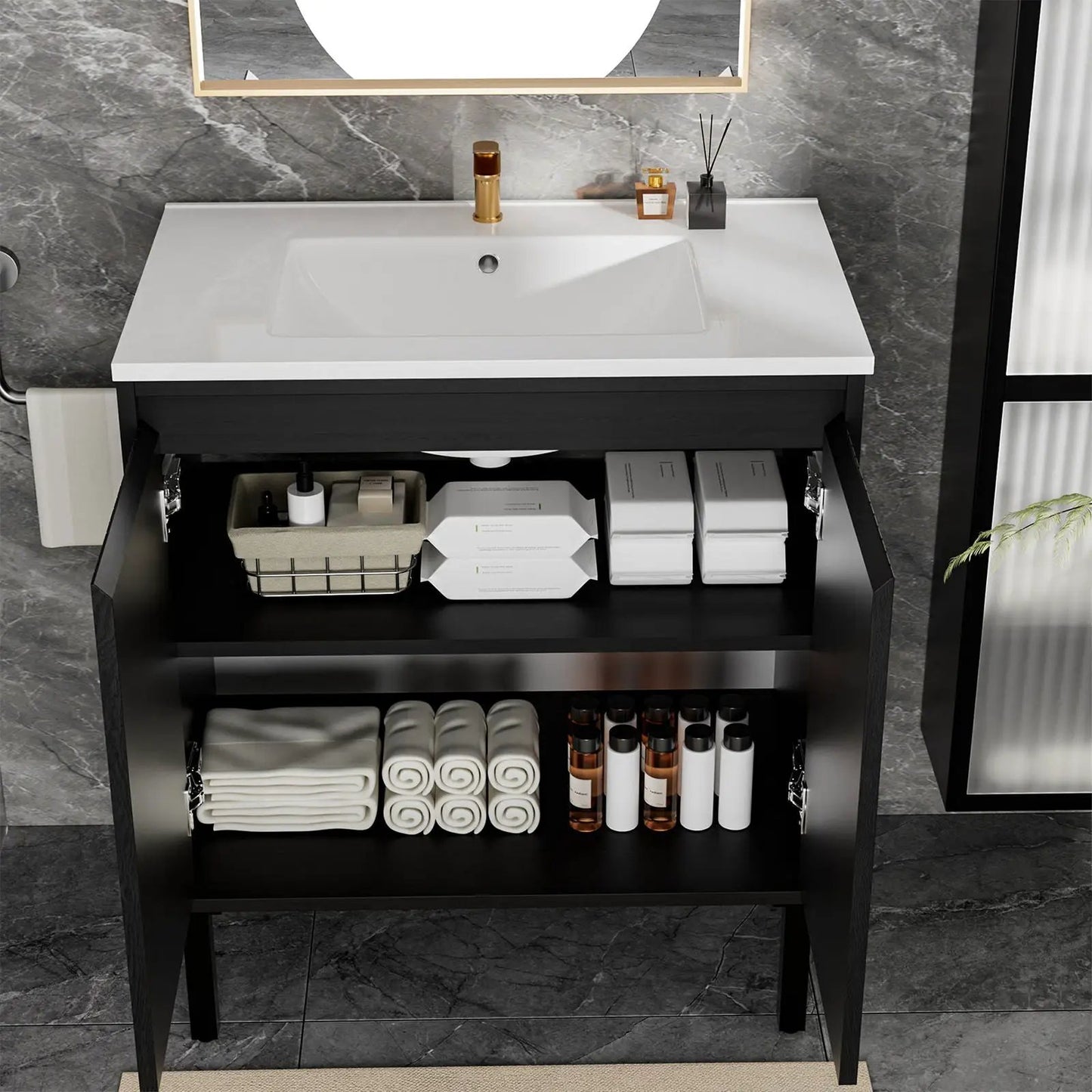 Bathroom vanity with white ceramic sink, floor-standing black cabinet, soft-close drawers on Tampa Home & Garden Store
