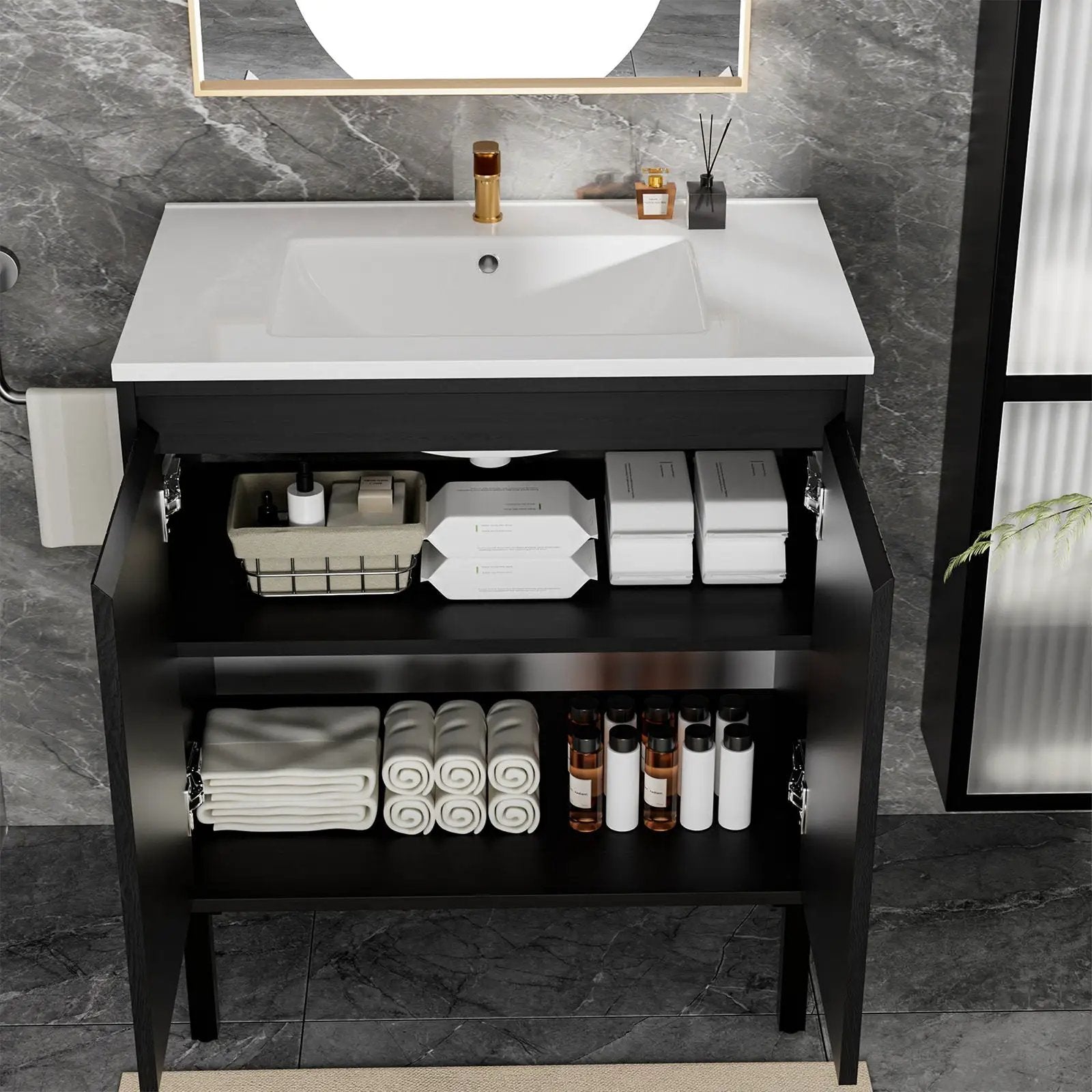 Bathroom vanity with white ceramic sink, floor-standing black cabinet, soft-close drawers on Tampa Home & Garden Store