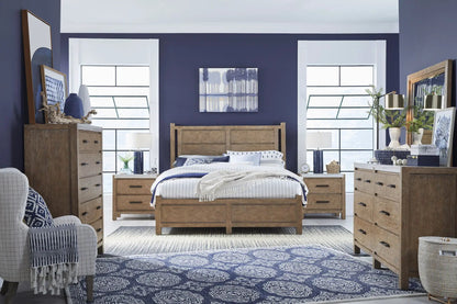 Plum Creek Panel Bed by Unique Piece Furniture in warm oak with matching nightstands on Tampa Home & Garden Store