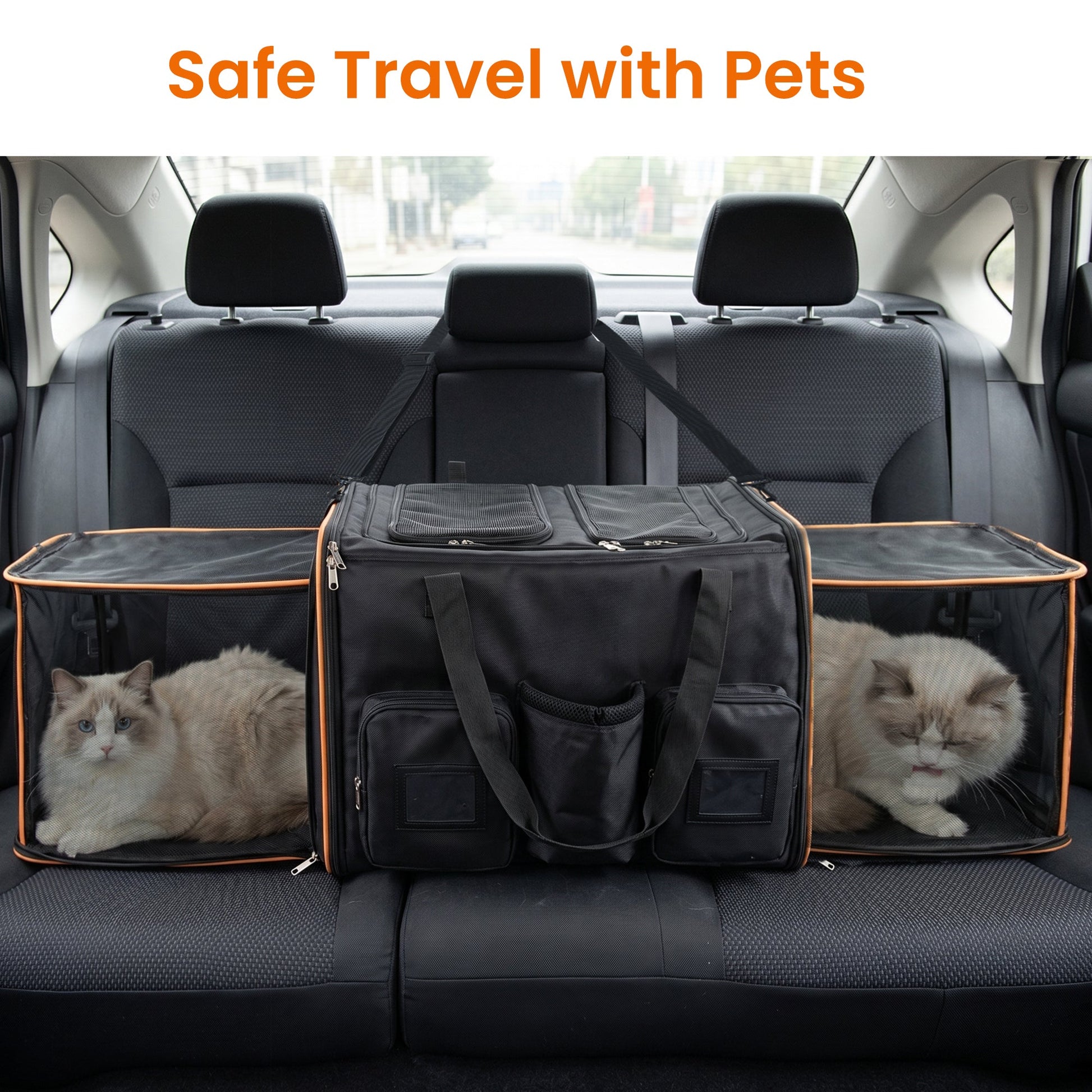 HouseOfZazla 2 in 1 large cat carrier for 2 cats, expandable with orange-trim mesh panels on Tampa Home & Garden Store