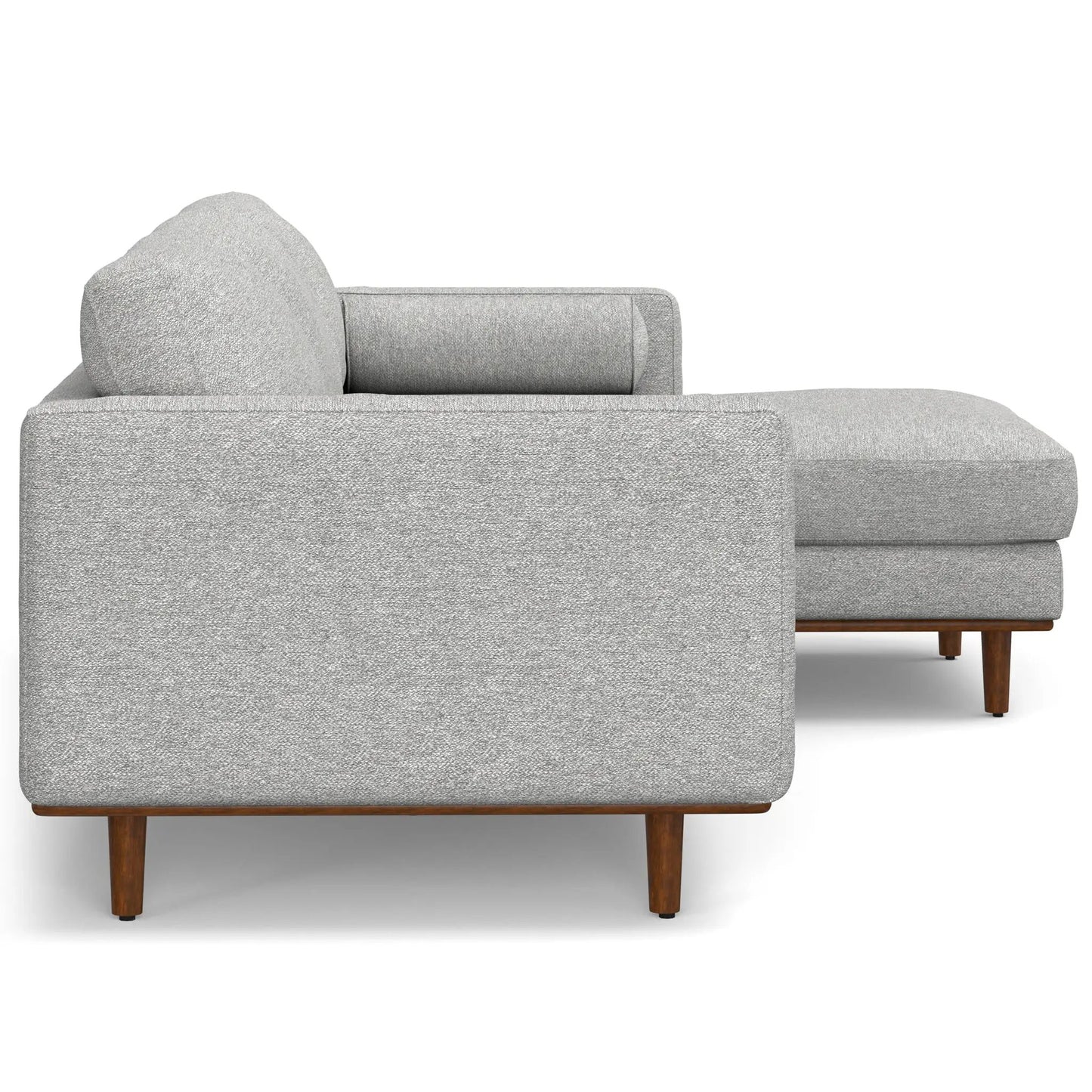 Morrison Upholstered Sectional Sofa, gray fabric with rounded arms and wooden legs on Tampa Home & Garden Store