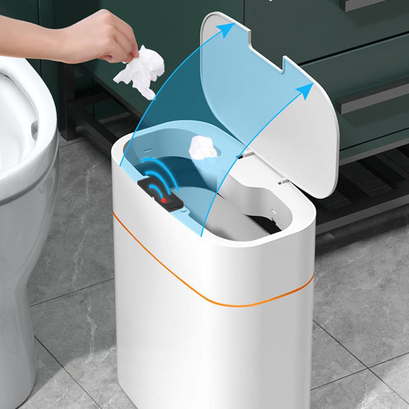 Perfecsy smart trash can with lid, white plastic, orange accent, sensor-activated lid on Tampa Home & Garden Store