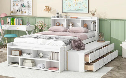 Bed With Bookcase Headboard and Under Bed Storage