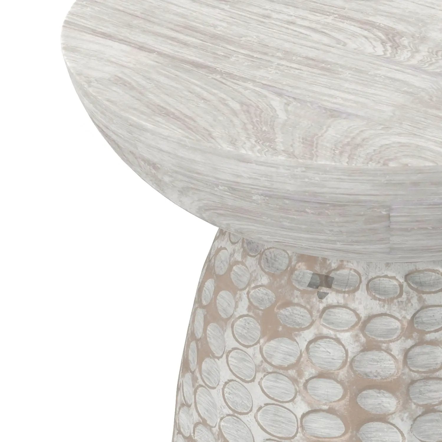 Boyd handcrafted accent table with round whitewashed top and dotted pedestal base on Tampa Home & Garden Store