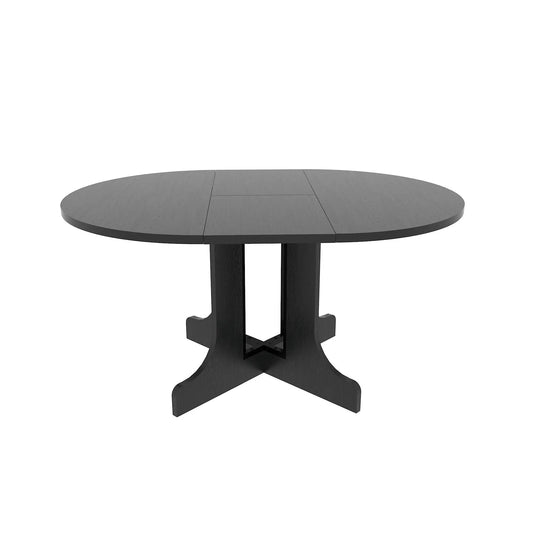 Dining table with expandable round top, removable leaf, black X-shaped trestle base on Tampa Home & Garden Store