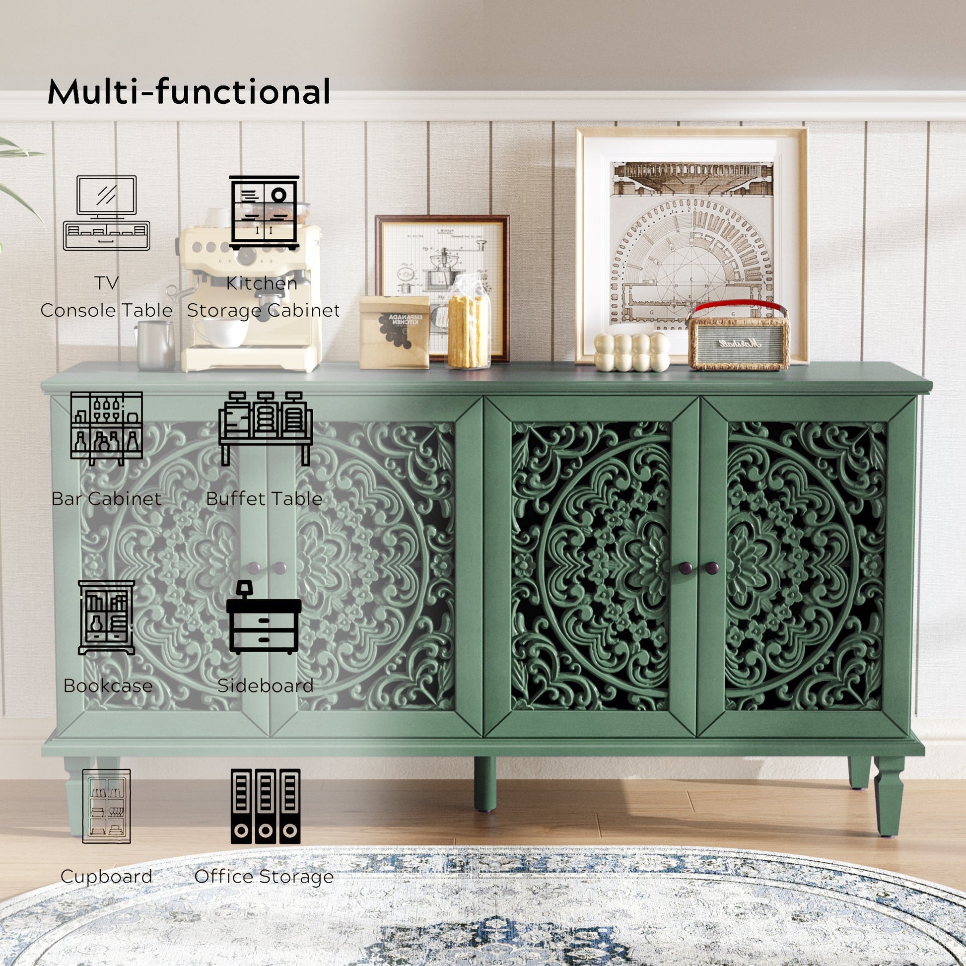 Antique buffet cabinet with floral carvings in green by HouseOfZazla on Tampa Home & Garden Store