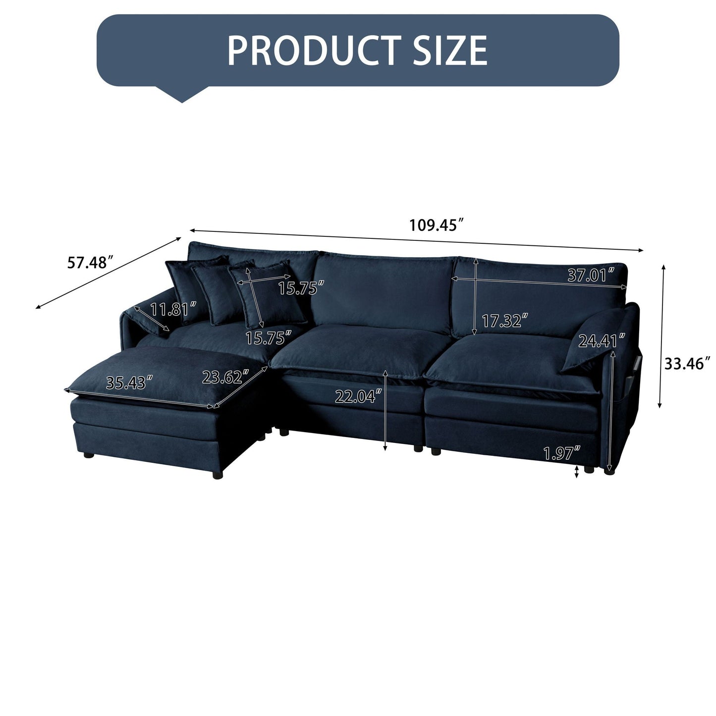 HouseOfZazla modern comfy deep-seat sectional sofa with ottoman navy fabric on Tampa Home & Garden Store