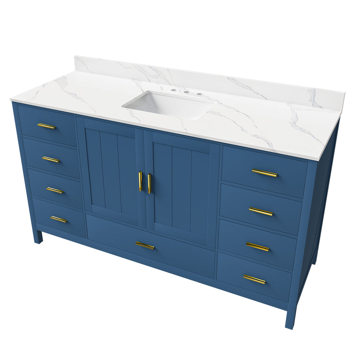 60in solid wood bathroom vanity blue with Carrara countertop and white sink, gold hardware on Tampa Home & Garden Store