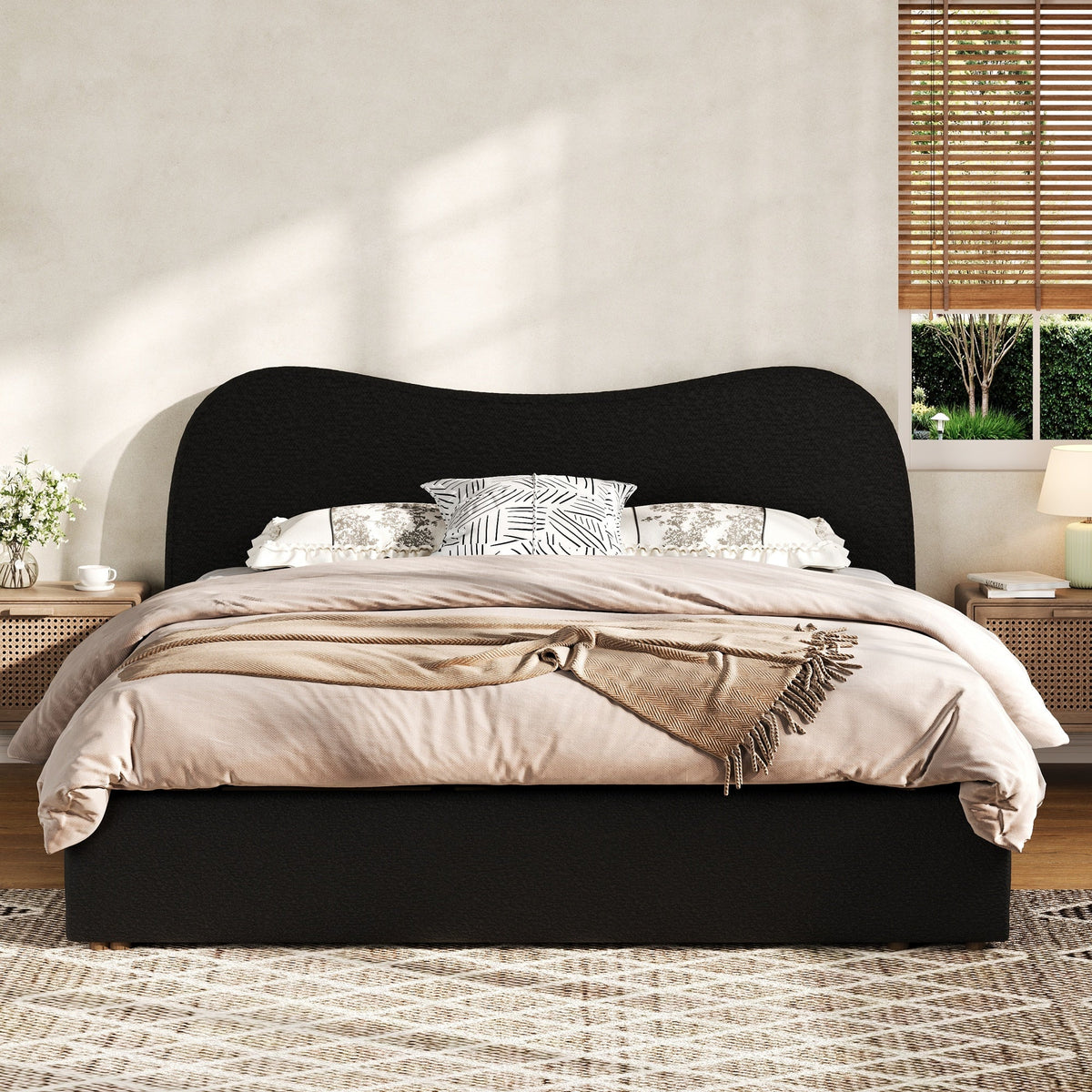 Queen Size upholstered platform bed with black fabric headboard and wooden slats, beige bedding on Tampa Home & Garden Store