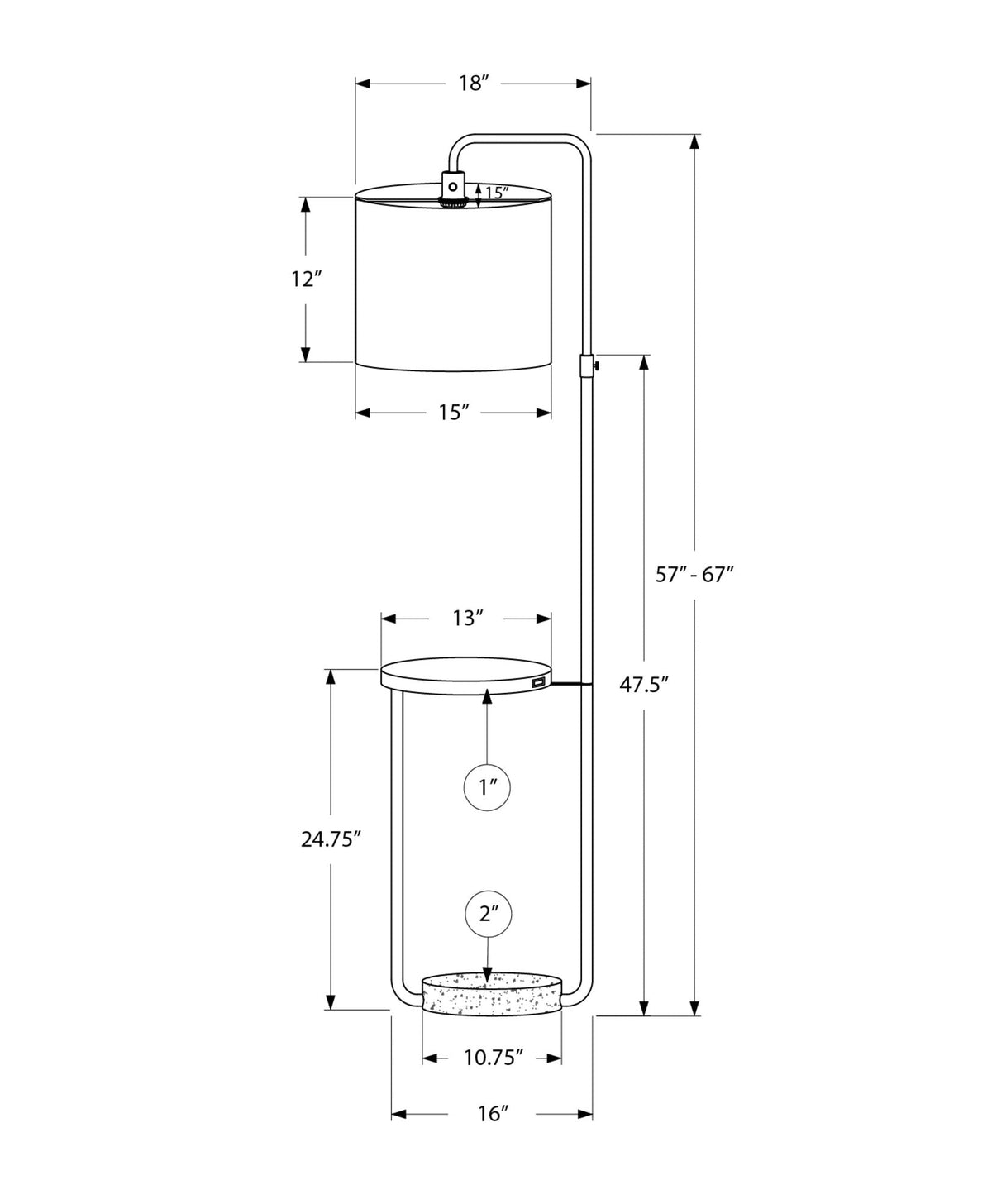 Floor lamp USB port included; schematic with curved arm and cylindrical shade, 57-67 in height on Tampa Home & Garden Store