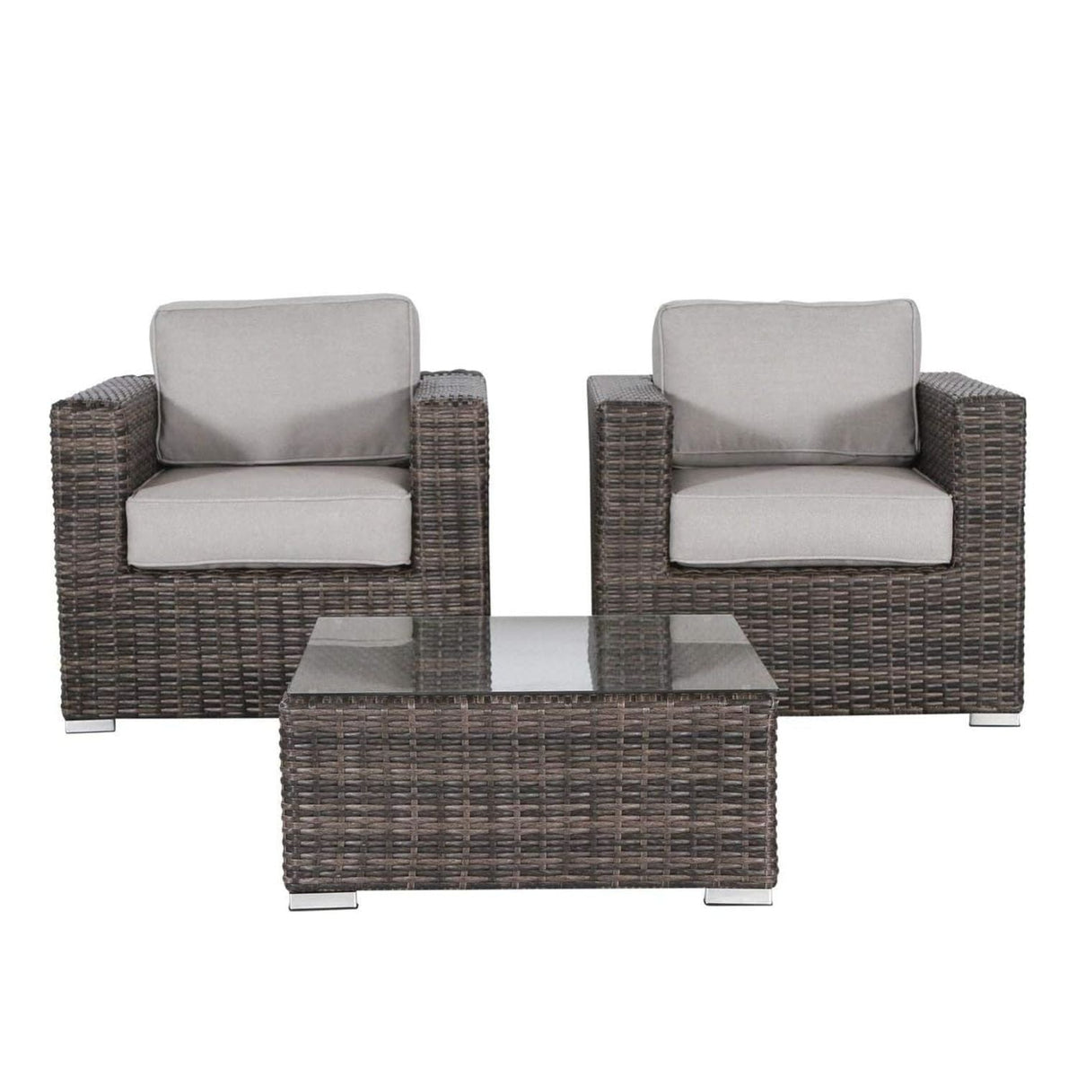 Wicker outdoor seating set, 3-piece with gray cushions and glass-top table, HouseOfZazla on Tampa Home & Garden Store