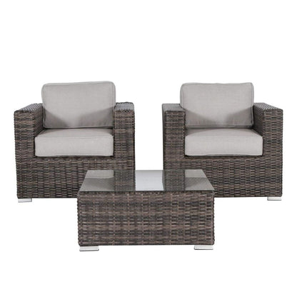 Wicker outdoor seating set, 3-piece with gray cushions and glass-top table, HouseOfZazla on Tampa Home & Garden Store