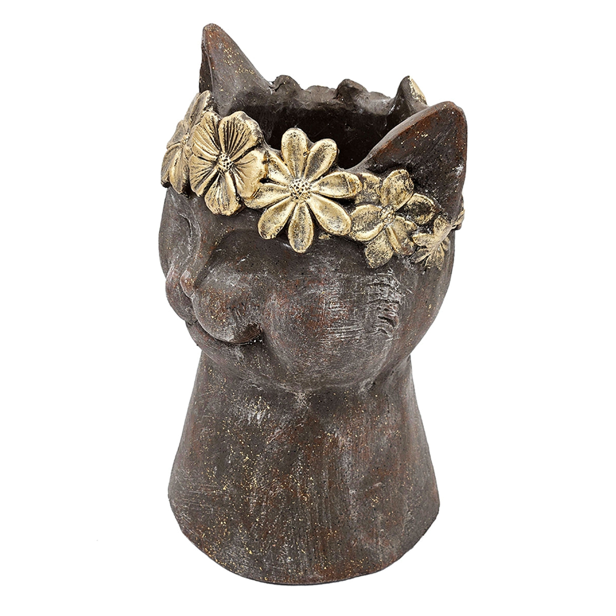 Magnesium cat statue planter, textured dark brown finish and gold flower crown by HouseOfZazla on Tampa Home & Garden Store