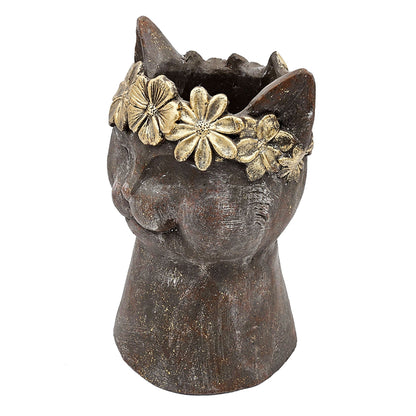 Magnesium cat statue planter, textured dark brown finish and gold flower crown by HouseOfZazla on Tampa Home & Garden Store