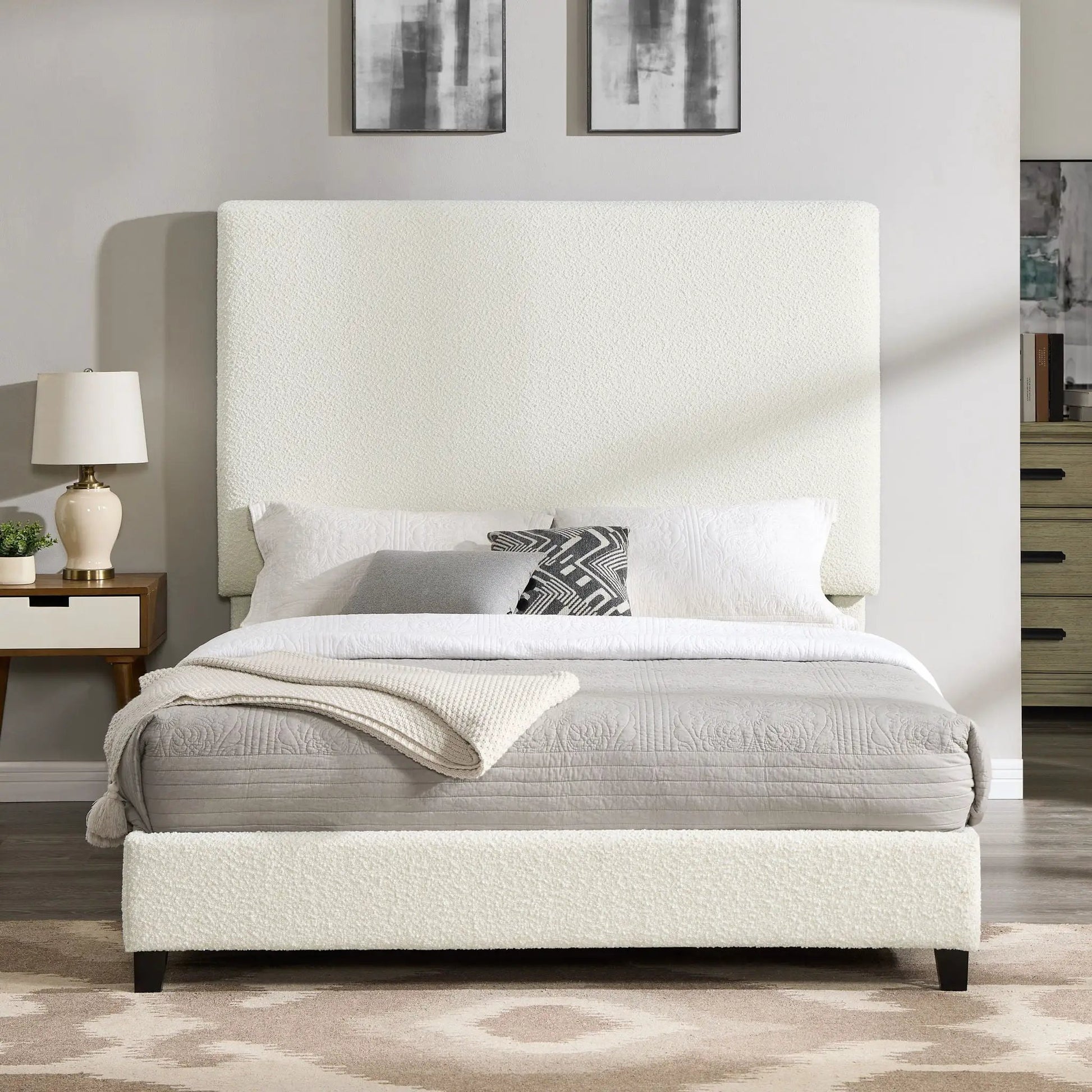 Upholstered Headboard Platform Bed Unique Piece Furniture cream fabric tall headboard black legs on Tampa Home & Garden Store
