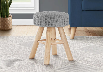 Pouf ottoman with crocheted gray cover and natural wood legs by Unique Piece Furniture on Tampa Home & Garden Store