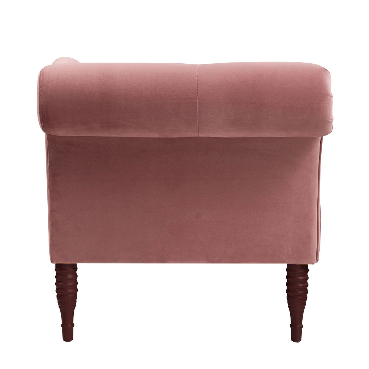 Tufted roll-arm chaise lounge in dusty rose velvet with premium foam and dark wood legs on Tampa Home & Garden Store