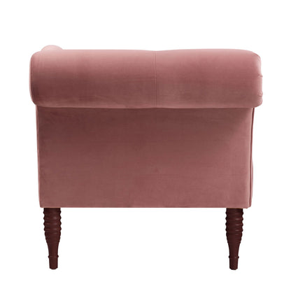 Tufted roll-arm chaise lounge in dusty rose velvet with premium foam and dark wood legs on Tampa Home & Garden Store