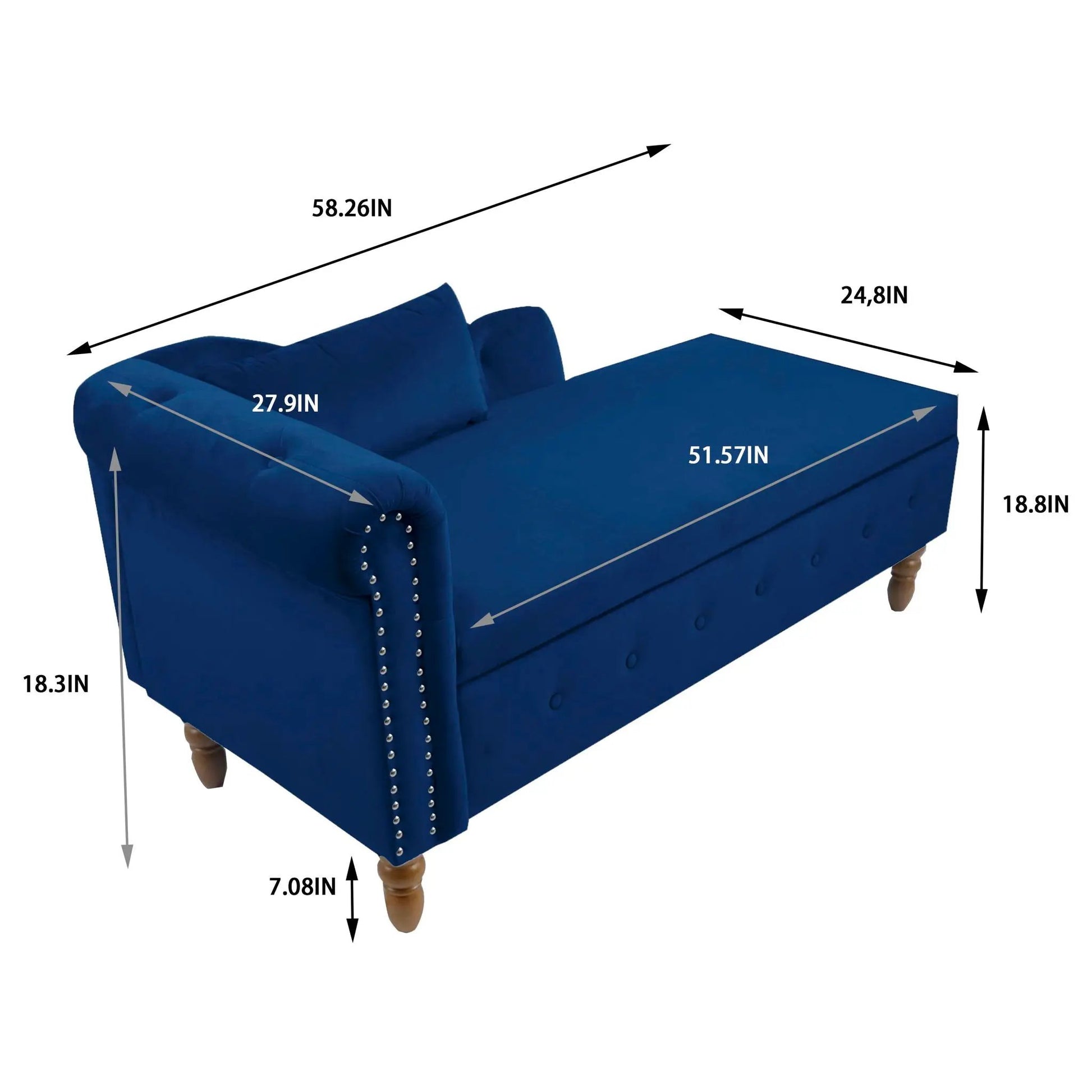 Chaise lounge by Unique Piece Furniture, blue velvet with nailhead trim and storage under seat on Tampa Home & Garden Store
