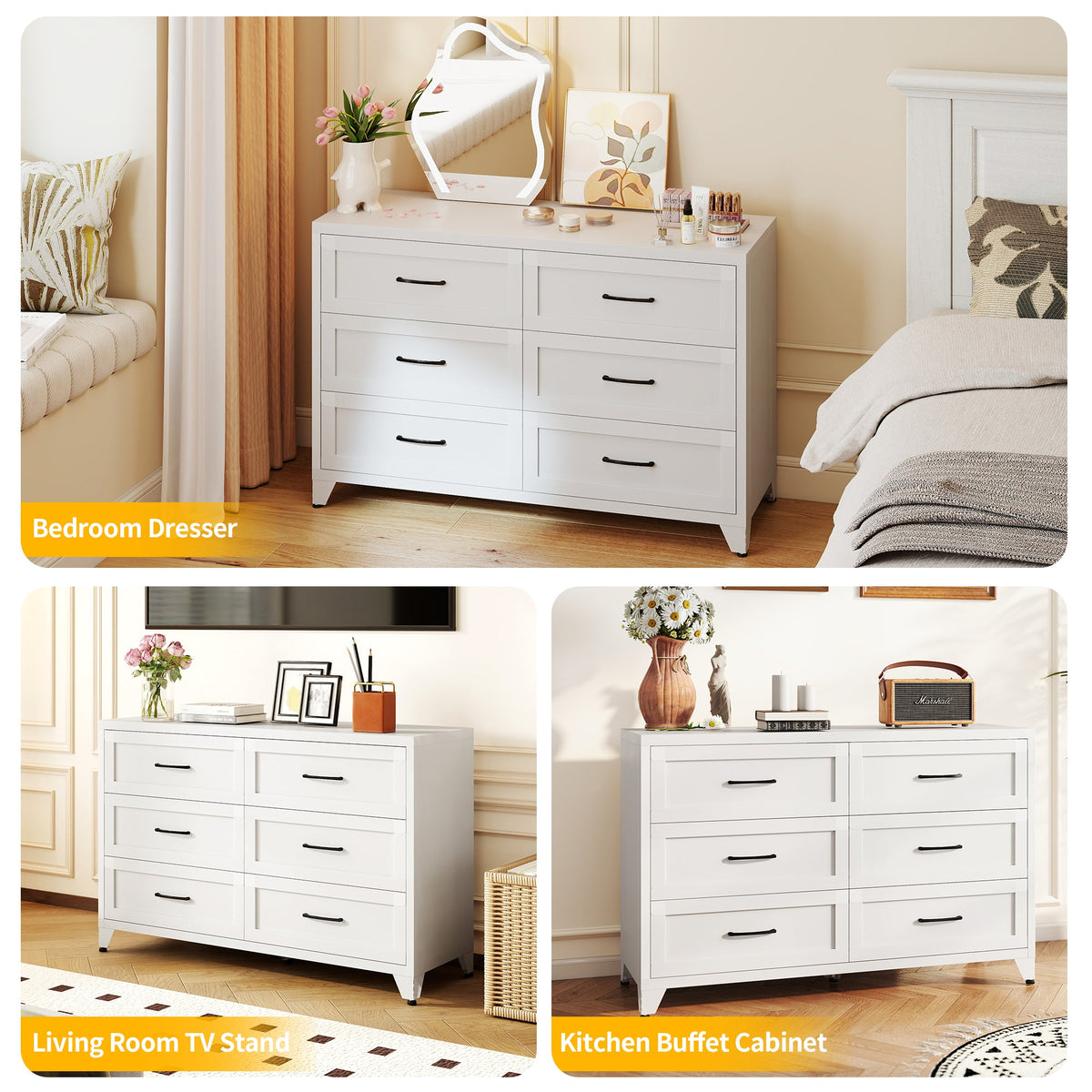 White 6-drawer dresser with black handles and curved mirror on top on Tampa Home & Garden Store