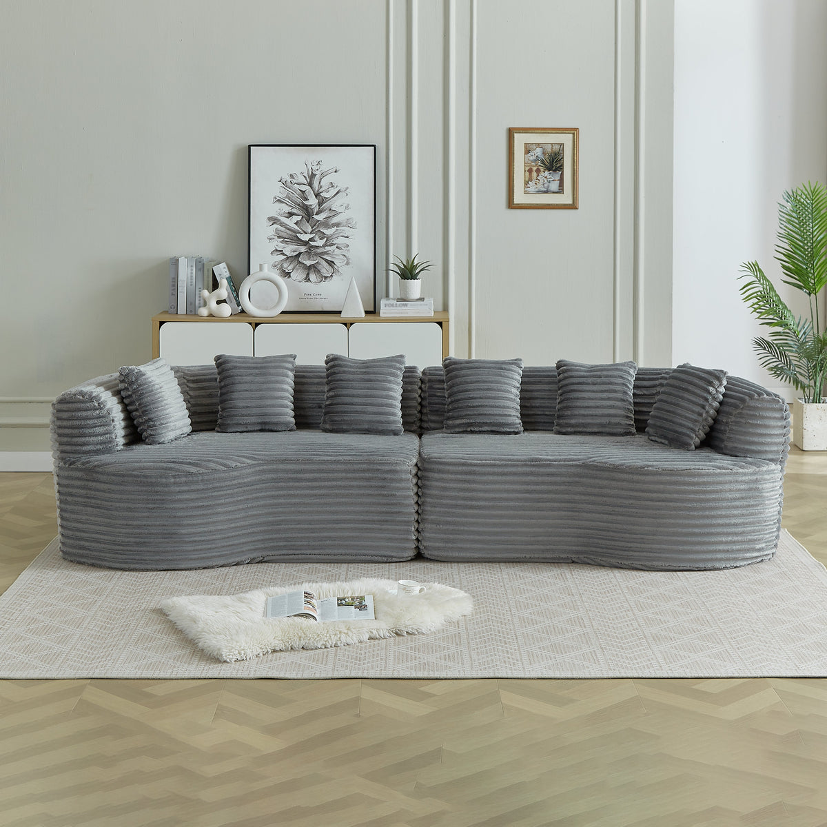 Curved Sectional Sofa 111.5-inch, oversized modern design in gray ribbed fabric on Tampa Home & Garden Store
