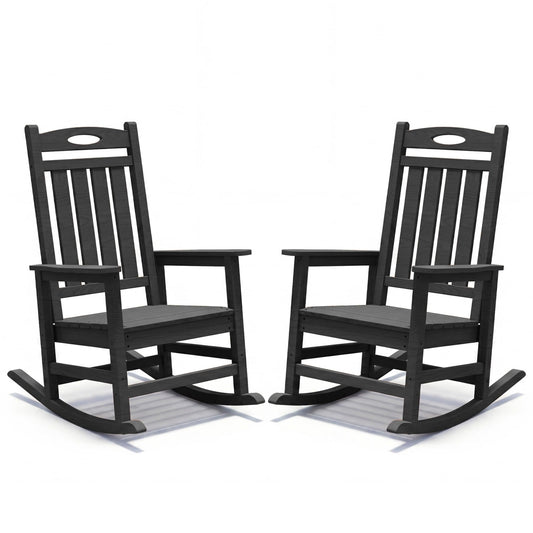 Outdoor Rocking Chair Set of 2 black wood with slatted backs and rockers HouseOfZazla on Tampa Home & Garden Store