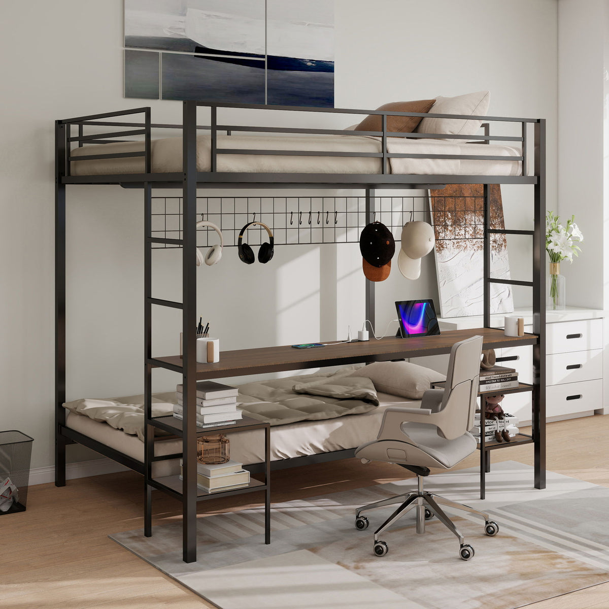 Ethan bunk bed with desk in black metal frame integrated storage shelves and workspace on Tampa Home & Garden Store