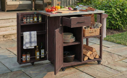 Outdoor Kitchen Island fir wood prep station with dark stain, metal top and storage on Tampa Home & Garden Store