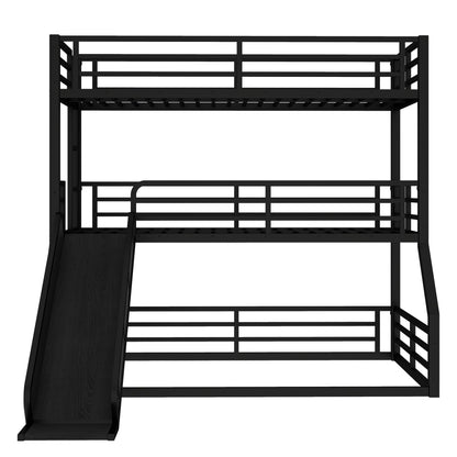 Twin Over Twin Over Full Bunk Bed with Slide, black metal frame, HouseOfZazla on Tampa Home & Garden Store
