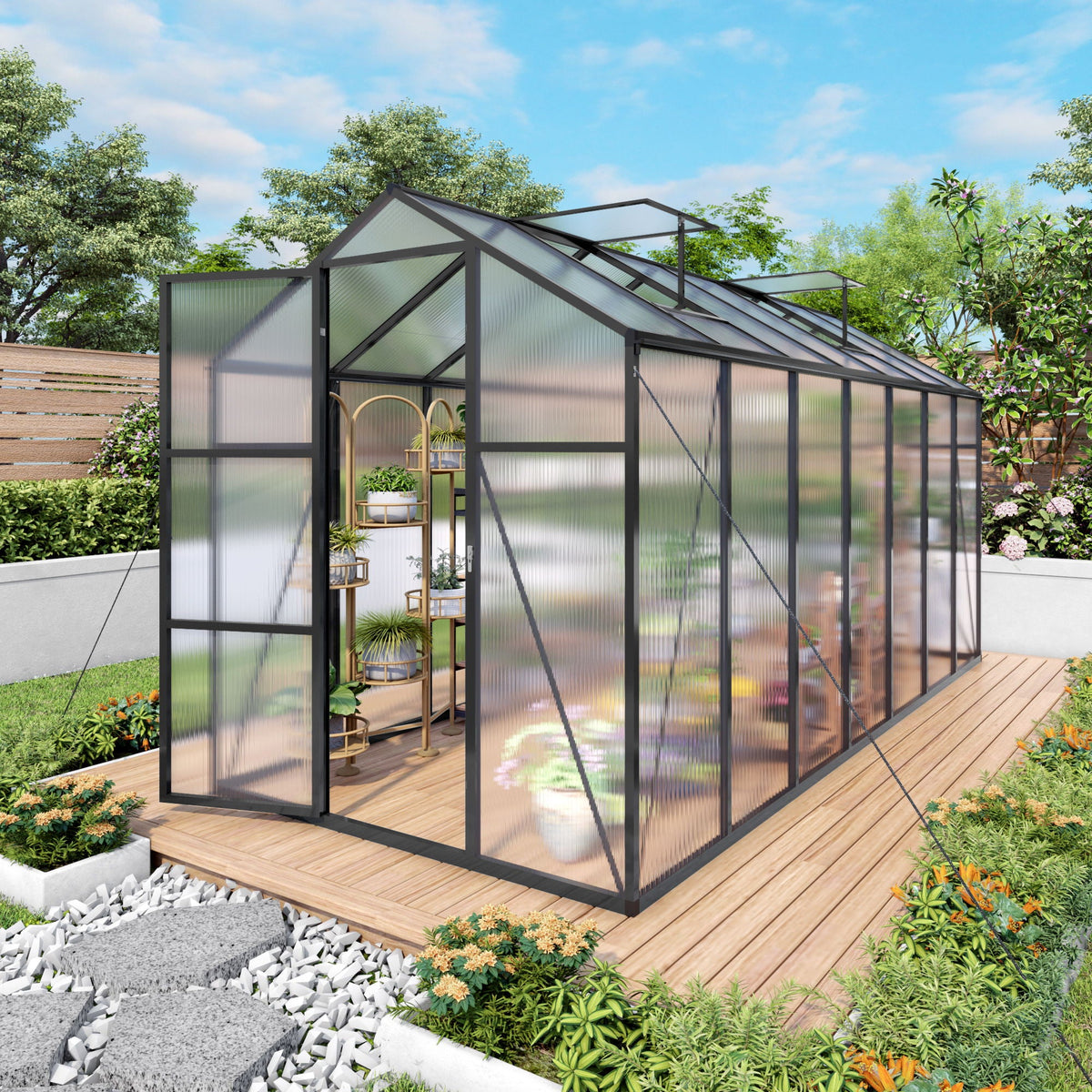 Windproof greenhouse with raised base, polycarbonate panels, black frame, HouseOfZazla on Tampa Home & Garden Store
