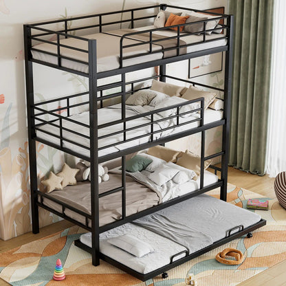 Triple bunk bed with trundle, heavy-duty steel frame, black finish by Unique Piece Furniture on Tampa Home & Garden Store