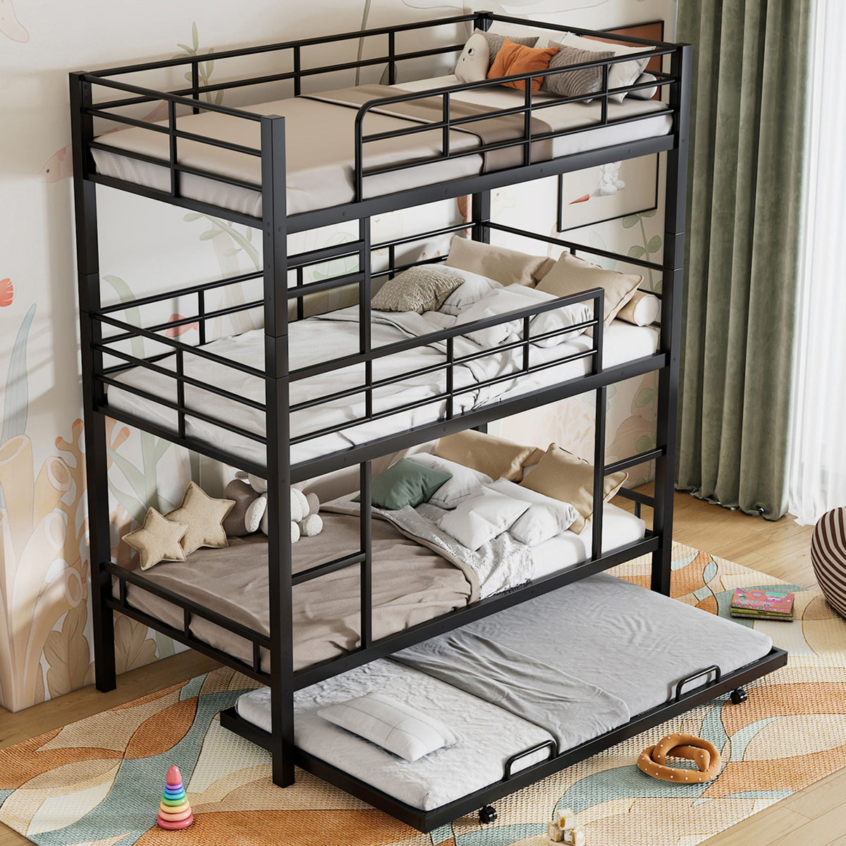 Triple bunk bed with trundle in black steel frame by HouseOfZazla bunk beds on Tampa Home & Garden Store