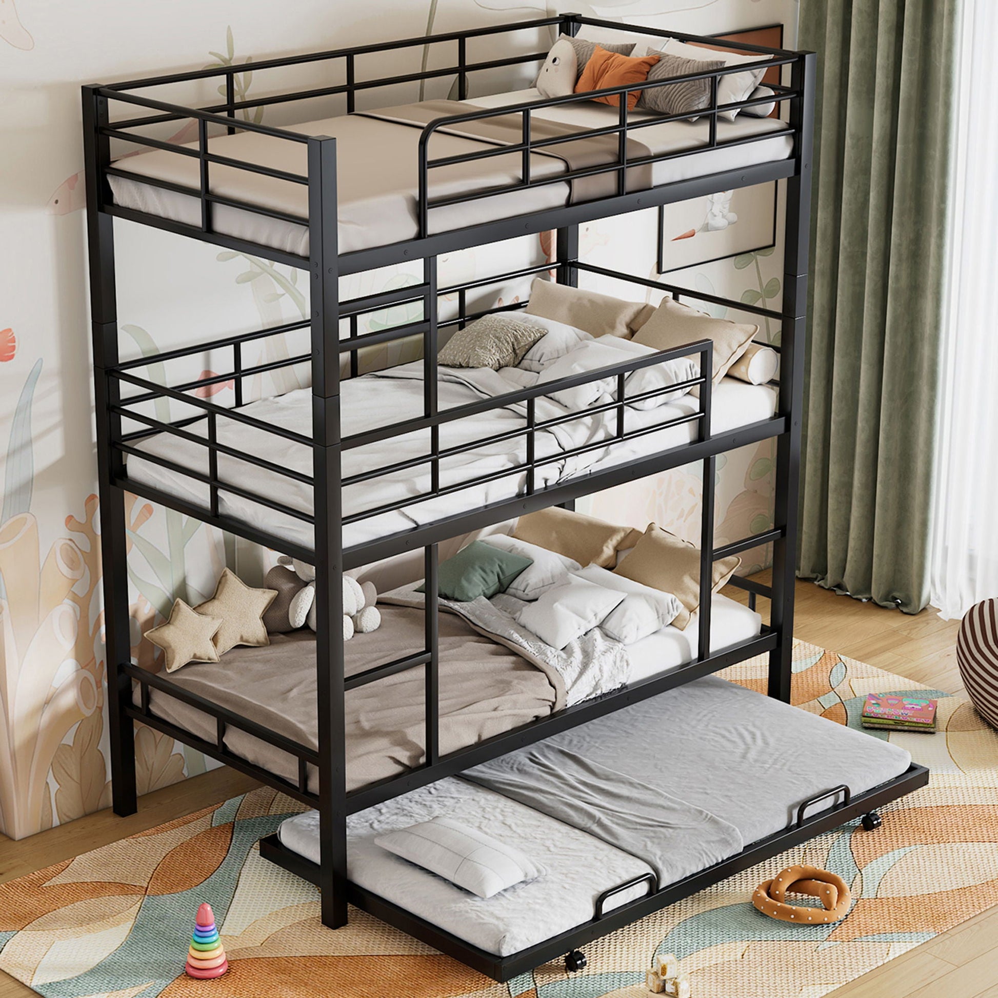 Triple bunk bed with trundle in black steel frame by HouseOfZazla bunk beds on Tampa Home & Garden Store