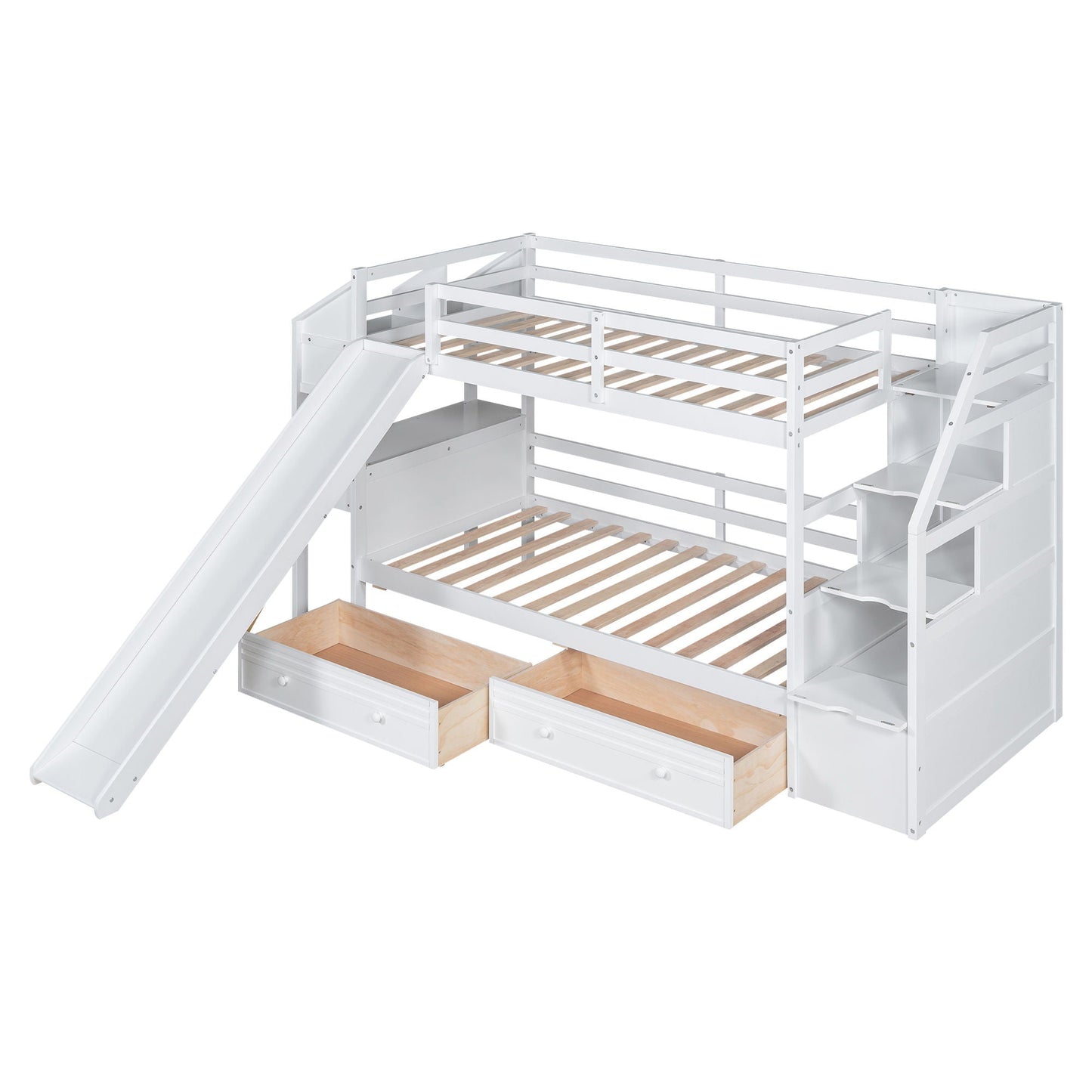 White wooden bunk bed with storage staircase, slide, desk, and two drawers by HouseOfZazla on Tampa Home & Garden Store