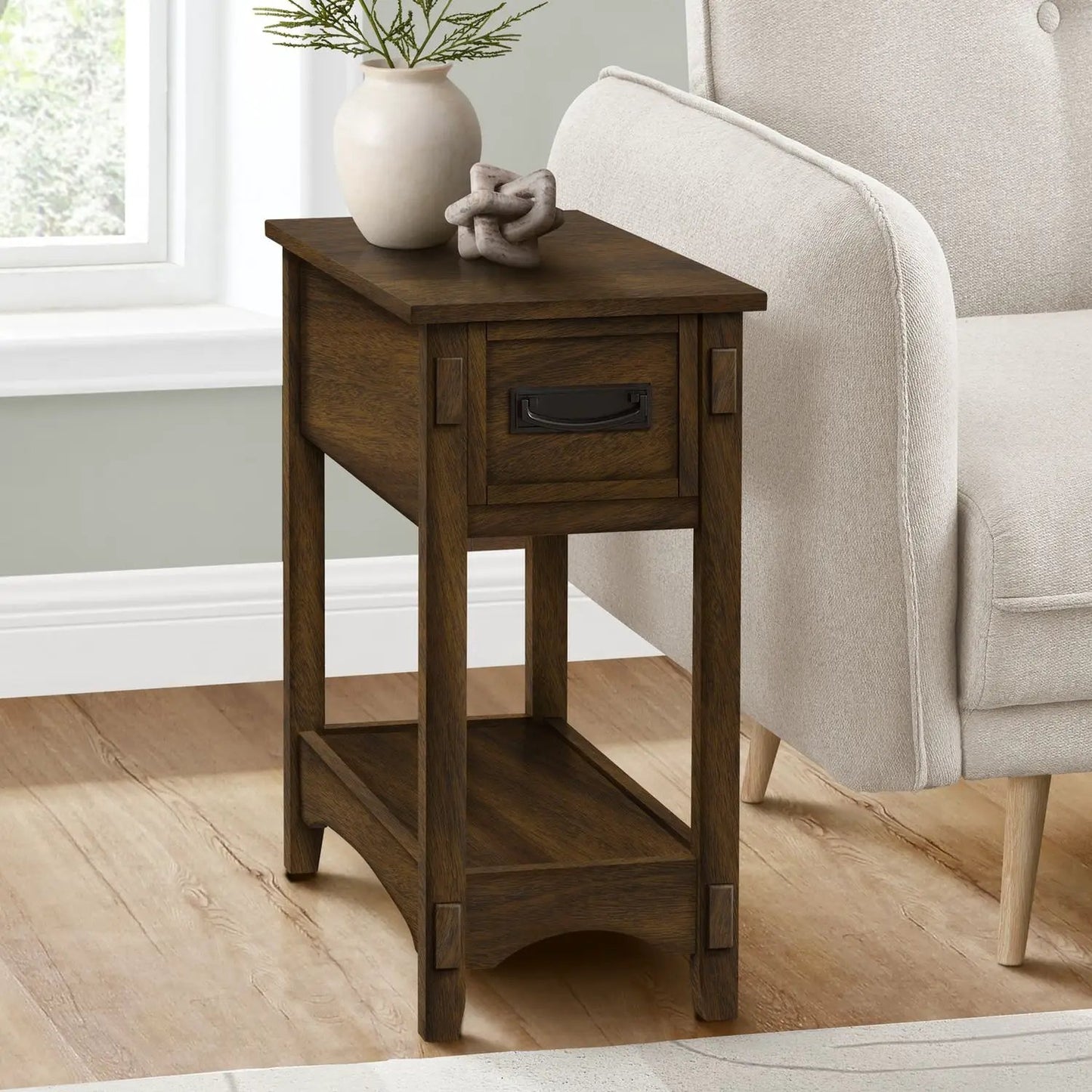 Accent End Table, two-tier narrow walnut finish with front storage drawer and lower shelf on Tampa Home & Garden Store