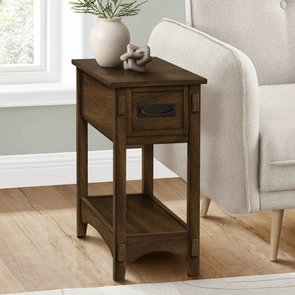 Accent End Table, two-tier narrow walnut finish with front storage drawer and lower shelf on Tampa Home & Garden Store