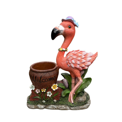 Outdoor garden sculpture Flamingo flower pot planter pink flamingo with floral necklace on Tampa Home & Garden Store